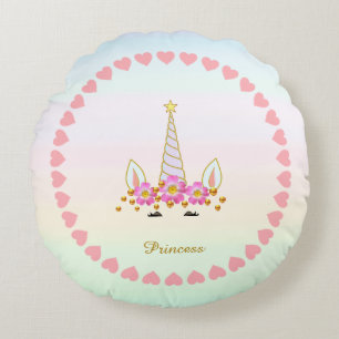 Coussins Ronds Licorne Mignonne, Cœurs, Fleurs & Confettis Dorés