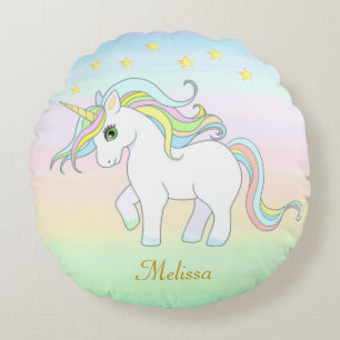 Coussins Ronds Licorne mignonne et étoiles sur des couleurs paste