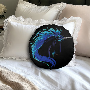 Coussins Ronds Licorne noire élégante Fantaisie Magique Bleu Arge