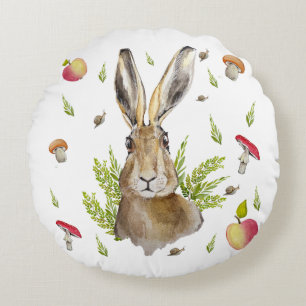 Coussins Ronds Lièvre mignonne avec un arrière - plan de pommes e