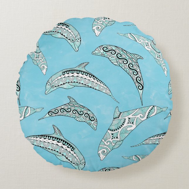 Coussins Ronds Light Blue Hawaiian Tribal Dolphins (Devant)