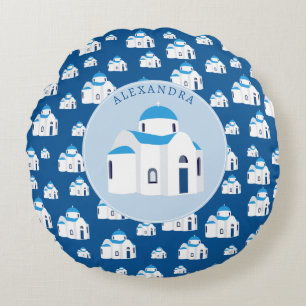 Coussins Ronds L'île grecque Santorin Blue Dome Eglise Monogramme