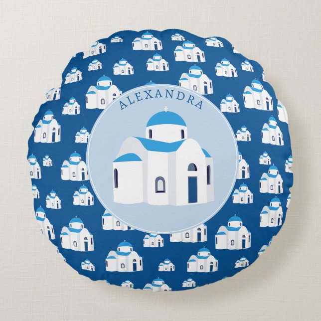 Coussins Ronds L'île grecque Santorin Blue Dome Eglise Monogramme (Devant)
