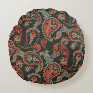 Coussins Ronds Linocut Traditionnel Paisley Chaud Orange Mint Ver