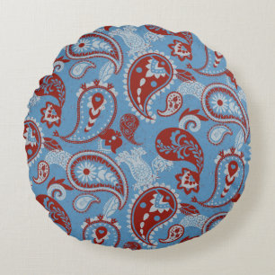 Coussins Ronds Linocut traditionnel Paisley Rouge Bleu Blanc