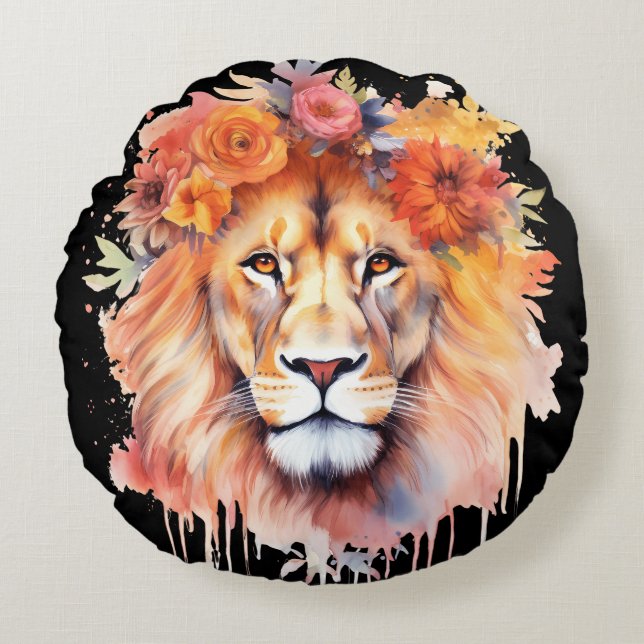 Coussins Ronds Lion Pastel Fleurs Safari Aquarelle Savannah Chat (Devant)