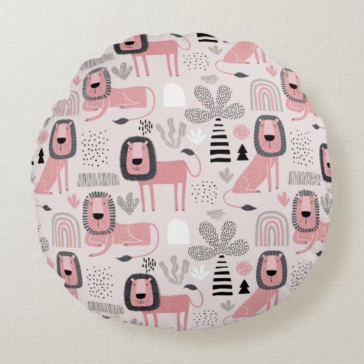 Coussins Ronds Lions noirs rose Boho Rainbows moderne (Devant)
