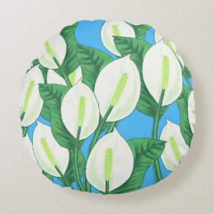 Coussins Ronds Lis blancs de la paix sur fond bleu pâle