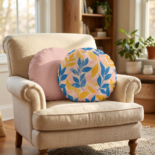 Coussins Ronds Lithographe bleu jaune rose amusant botanique feui