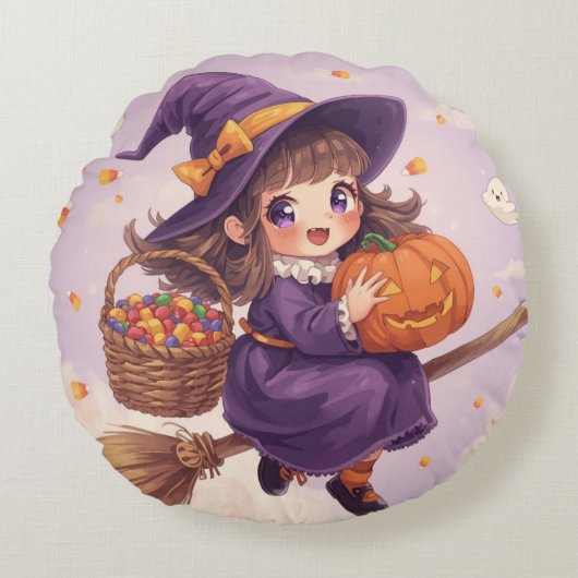 Coussins Ronds Little Witch Flying with Pumpkin Pillow (Devant)