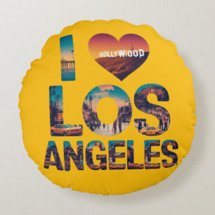Coussins Ronds Los Angeles Skyline Sunset & Hollywood Typographie