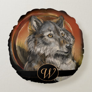 Coussins Ronds Loup de Monogramme de Golden Gaze