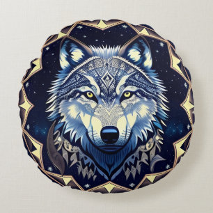 Coussins Ronds Loup majestueux sous un ciel étoilé