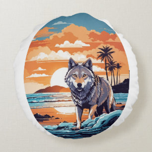 Coussins Ronds Loup sur la plage