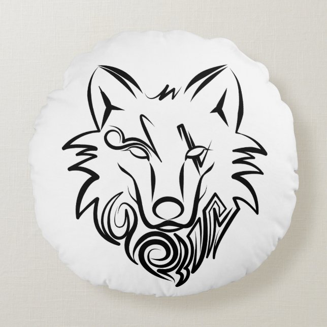 Coussins Ronds Loup tribal noir et blanc (Devant)