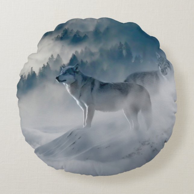 Coussins Ronds loups dans la brume (Devant)