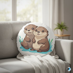 Coussins Ronds Loutres Animal Dessin Animé Mignon Élégant Minimal