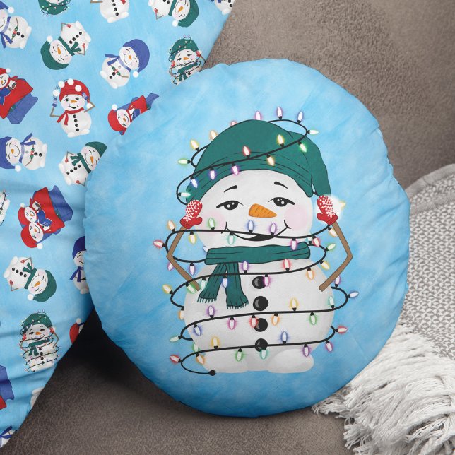 Coussins Ronds Lumières brillantes hiver Merveilles Snowman Noël (Créateur téléchargé)