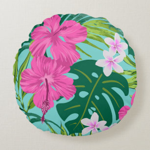 Coussins Ronds Luna Hibiscus Garden Hawaiian - Rose et Turq