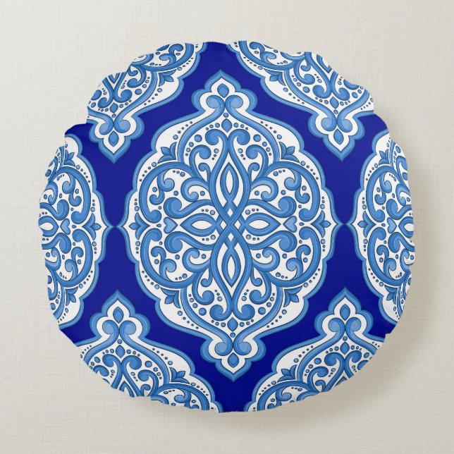 Coussins Ronds Luxe blanc-bleu, ornement turc. (Devant)