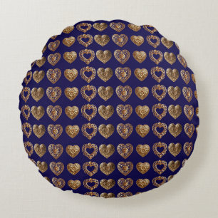 Coussins Ronds Luxurious Golden Baroque Hearts Pattern on Navy Bl
