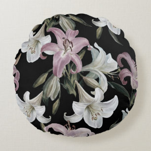 Coussins Ronds Lys, blanc rose, motifs floraux.