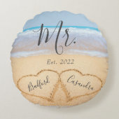 Coussins Ronds M. Mme Dusty Blue Beach Couples Coeurs Sable (Devant)