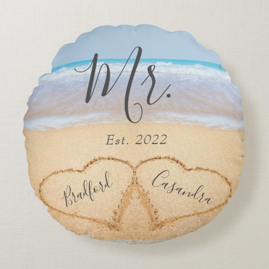 Coussins Ronds M. Mme Dusty Blue Beach Couples Coeurs Sable (Devant)