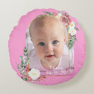 Coussins Ronds  Ma première photo de naissance rose de bébé fille