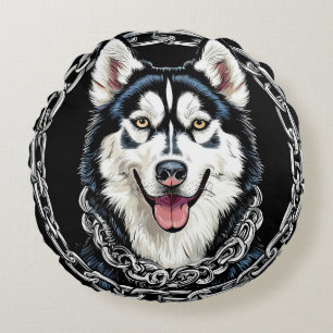 Coussins Ronds Magnifique chien husky aux couleurs vives