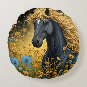 Coussins Ronds Magnifique étalon noir parmi des fleurs sauvages v