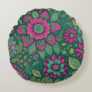 Coussins Ronds Magnifique mandala de fleurs épanouies rose vert