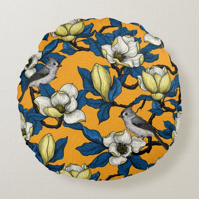 Coussins Ronds Magnolia en floraison et oiseau de tireur 3 (Devant)