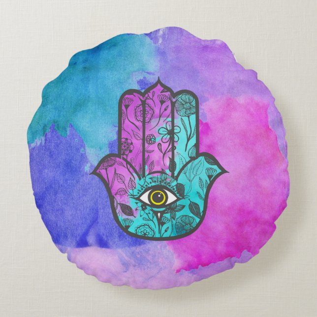 Coussins Ronds Main Girly de Hamsa d'impression florale (Dos)