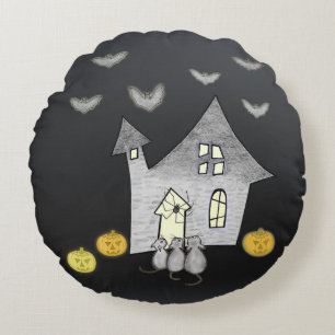 Coussins Ronds Maison d'Halloween, Chats noirs, Chats, Chauves-so
