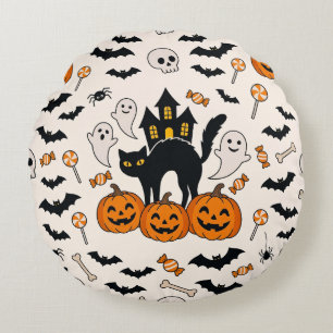 Coussins Ronds Maison hantée de chat noir et de citrouille pour H