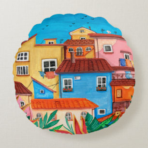 Coussins Ronds Maisons italiennes. Gouache tirée à la main