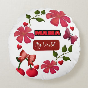 Coussins Ronds Maman Mignonne Design Fleurs Cerises et Cœurs   S