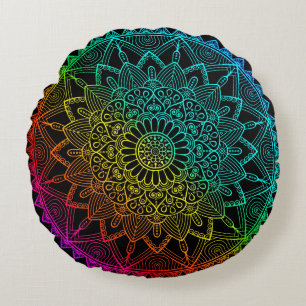 Coussins Ronds Mandala Arc-en-ciel noir