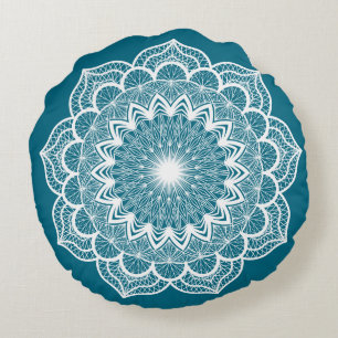 Coussins Ronds Mandala blanc sur fond bleu
