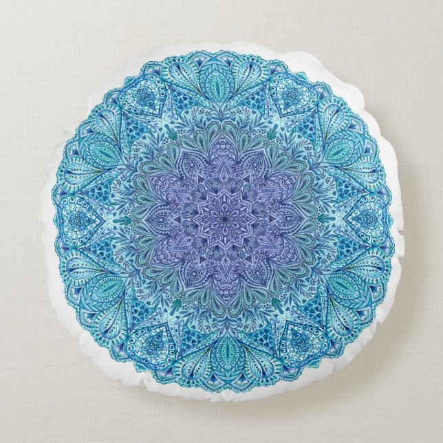 Coussins Ronds Mandala bleu d'aquarelle (Devant)