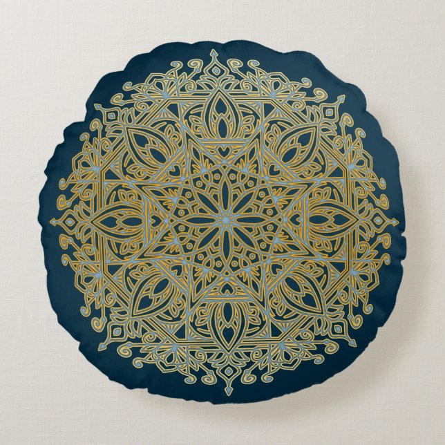 Coussins Ronds Mandala bleu & or complexe (Devant)