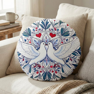 Coussins Ronds Mandala cœur floral et colombes romantiques