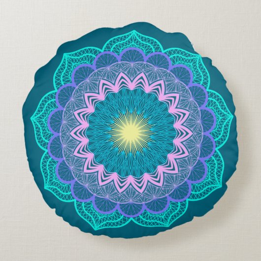 Coussins Ronds Mandala Coloré sur Fond Bleu (Dos)