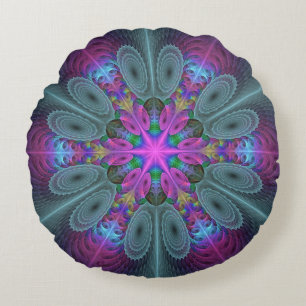 Coussins Ronds Mandala Colorful Striant Fractal Art Kaleidoscope
