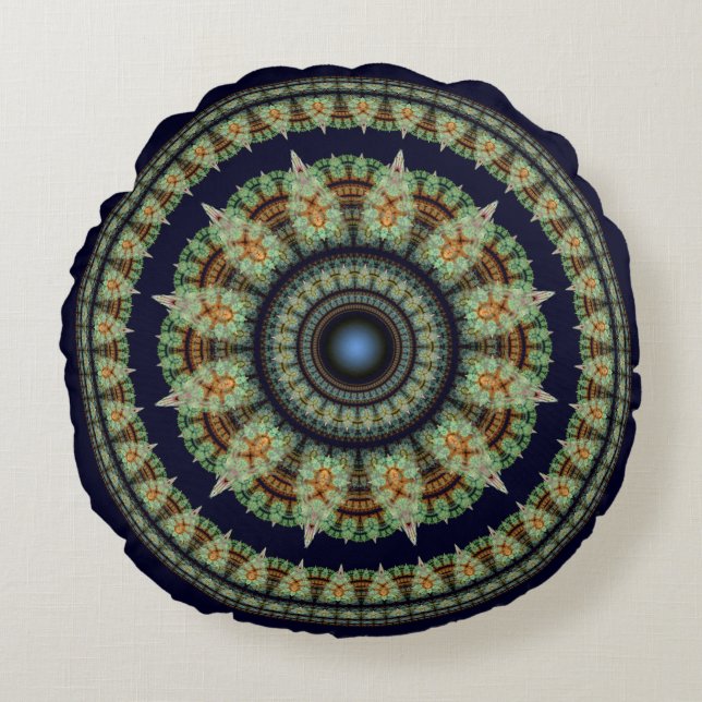 Coussins Ronds Mandala de fée fractale verte (Devant)