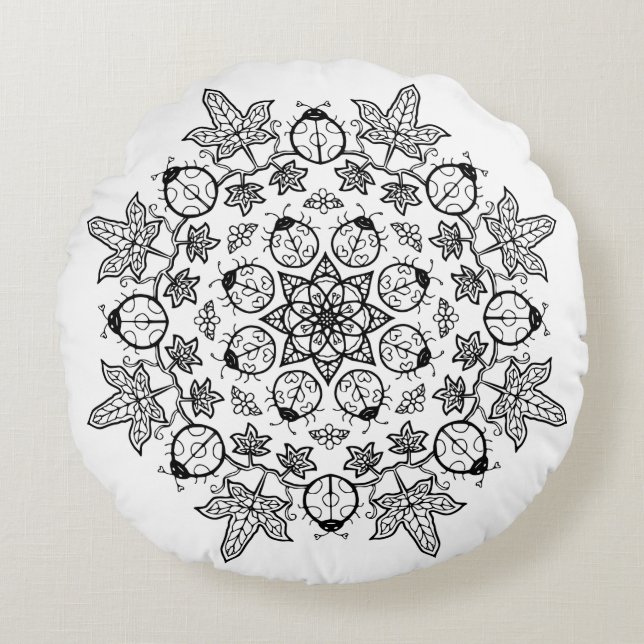 Coussins Ronds Mandala de feuille de fleur de coccinelle me (Devant)