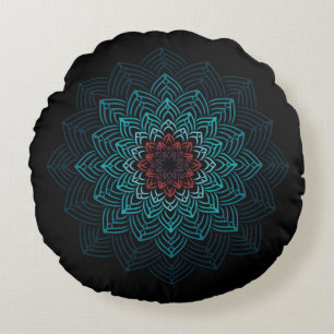 Coussins Ronds Mandala Fleur Aqua et Rouge