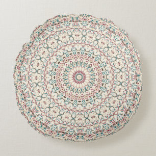 Coussins Ronds Mandala Géométrique Intriqué en Turquoise, Rose &