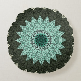 Coussins Ronds Mandala kaléidoscope en vert et bleu